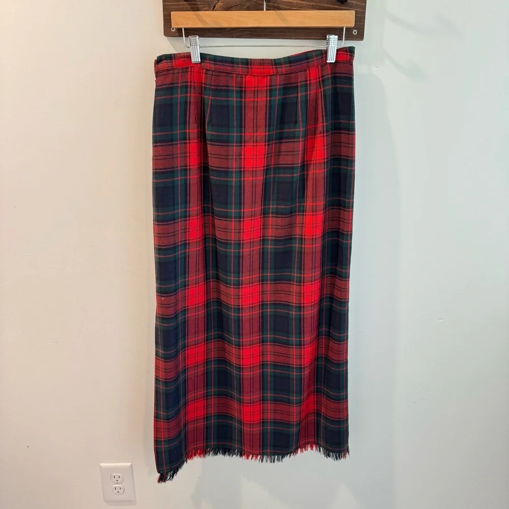Vintage Rafella 100% Wool Tartan Plaid Fringe Trim Wrap Maxi Skirt Size‎ 12